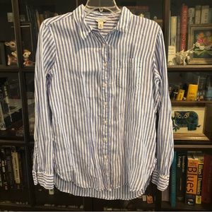 Women’s Linen Shirt Blue White Stripe LL BEAN Medium